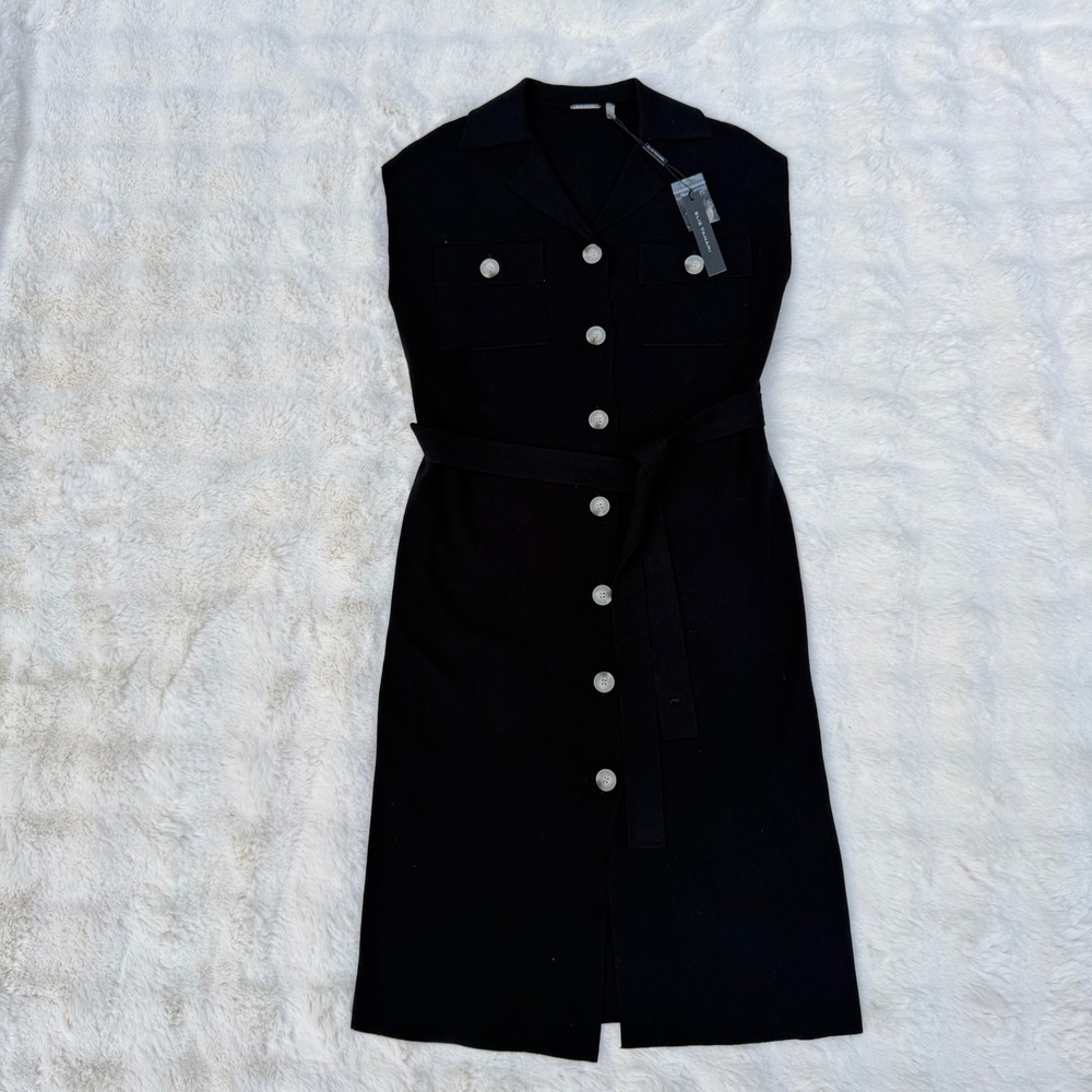 Elie Tahari Womens Noir Black Knit Sleeveless Belted Midi Dress ETR21102 Size S‎